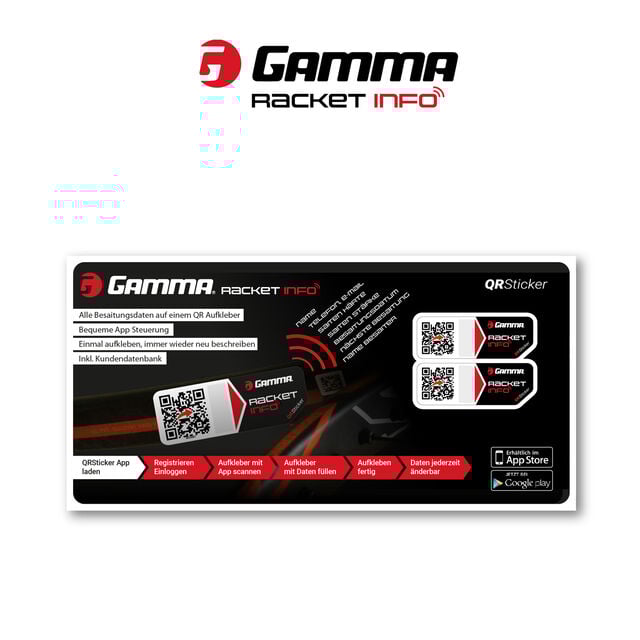 Gamma Racket Info, 2 Besaitungsaufkleber - QR Sticker Startkarte